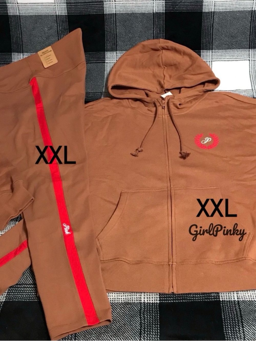 VS PINK LEGGINGS OUTFIT & FULL ZIP LOGO HOODIE IN CARAMEL KISS IN SIZE XXL